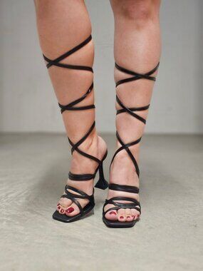 Strappy Black Knee-High Lace-Up Heeled Sandals Square Toe Sculpted Heel Womens F